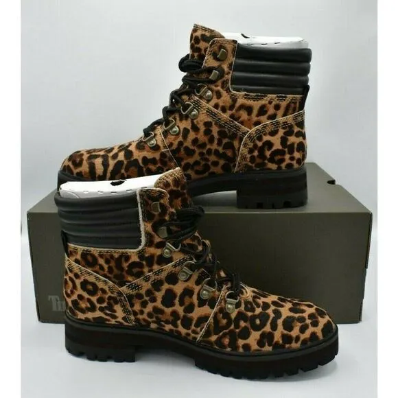 NWB Timberland Womens Size 8 London Square Leopard Leather Mid Hiker Boots Shoes