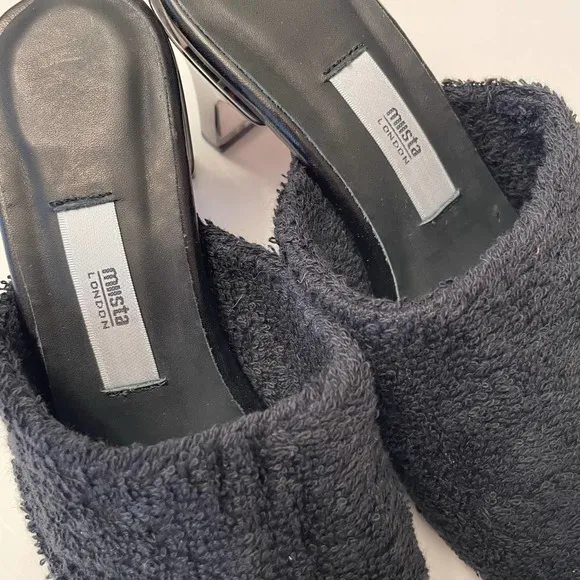 NWOB MIISTA London Wendy Black Towel Mule Sandals Size 37 Shoes Square Toe