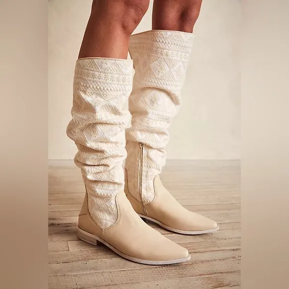 NWOT Free People Bren Textile Embroidery Slouch Leather Boot