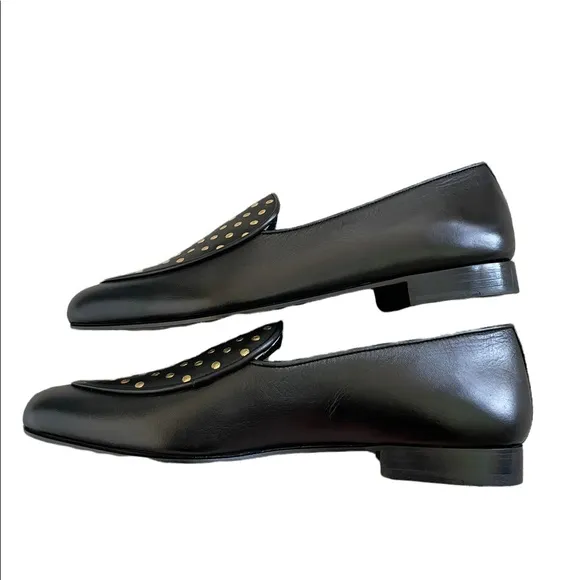 NWOT PERSONA black leather loafers gold polka dots