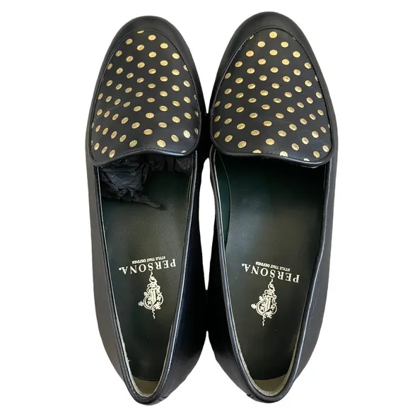 NWOT PERSONA black leather loafers gold polka dots