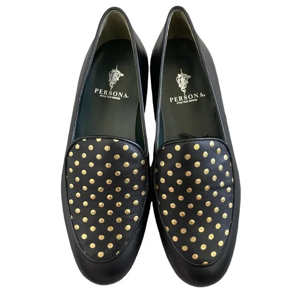 NWOT PERSONA black leather loafers gold polka dots