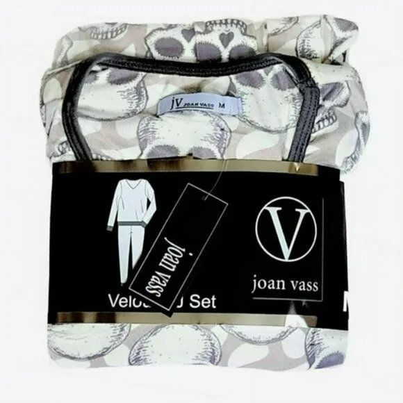 NWT JOAN VASS Super Soft Velour Skulls Print V-neck  2 Piece Pj Pajama Set