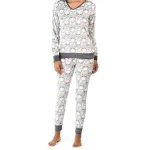 NWT JOAN VASS Super Soft Velour Skulls Print V-neck  2 Piece Pj Pajama Set