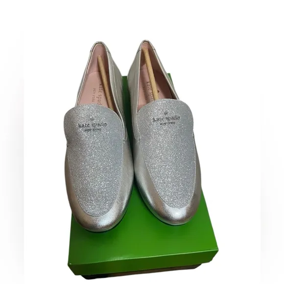 NWT KATE SPADE NEW YORK CITY LIGHTS SPARKLY SILVER LOAFERS WOMENS SIZE 8