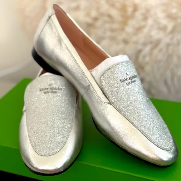 NWT KATE SPADE NEW YORK CITY LIGHTS SPARKLY SILVER LOAFERS WOMENS SIZE 8
