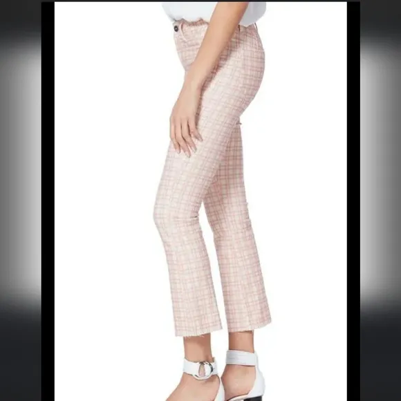 NWT Paige Pink Coral Plaid Cropped Flare Jean Trousers Size 30