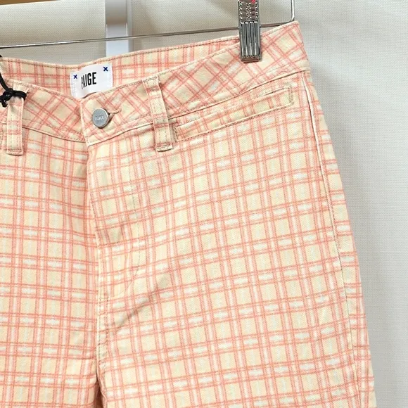 NWT Paige Pink Coral Plaid Cropped Flare Jean Trousers Size 30