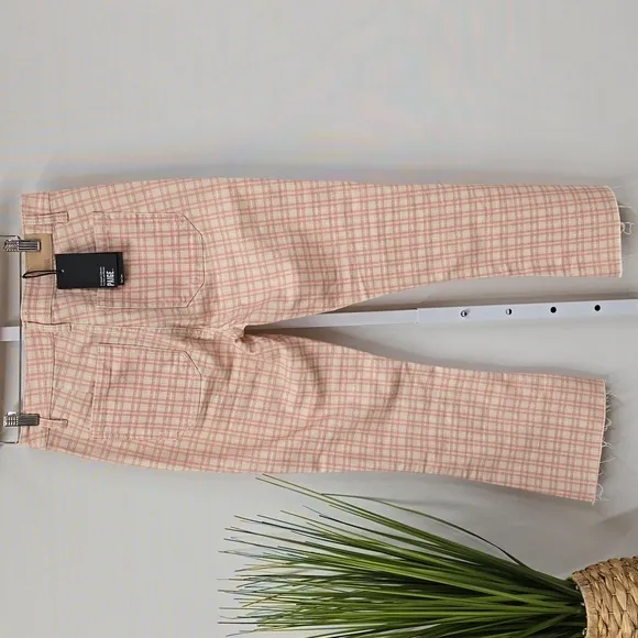 NWT Paige Pink Coral Plaid Cropped Flare Jean Trousers Size 30