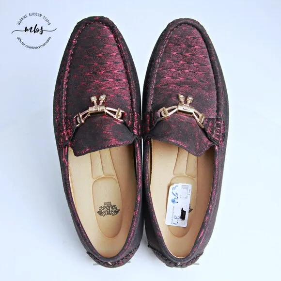 NWT Royal Shoes Metallic Loafers with Golden Decor Burgundy Men 8