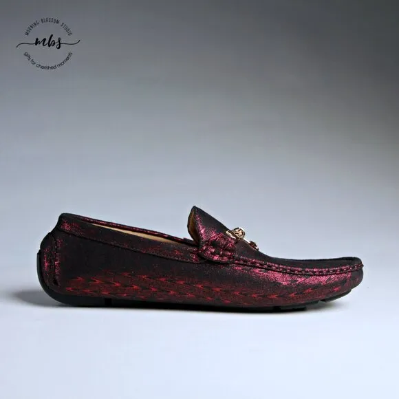 NWT Royal Shoes Metallic Loafers with Golden Decor Burgundy Men 8