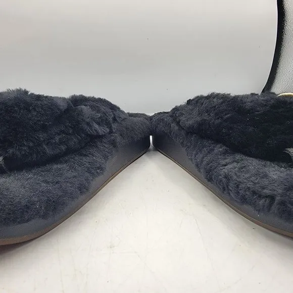 OluKai Kipe’A Heu Womens Size 8 Black Wool Shearling Slippers Fuzzy Thong Soft