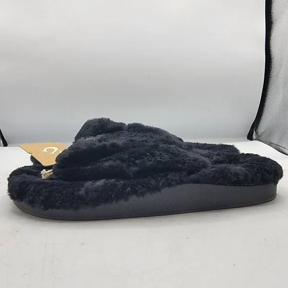 OluKai Kipe’A Heu Womens Size 8 Black Wool Shearling Slippers Fuzzy Thong Soft