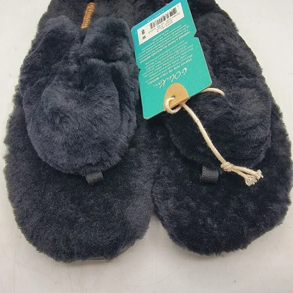 OluKai Kipe’A Heu Womens Size 8 Black Wool Shearling Slippers Fuzzy Thong Soft