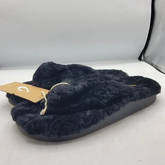 OluKai Kipe’A Heu Womens Size 8 Black Wool Shearling Slippers Fuzzy Thong Soft
