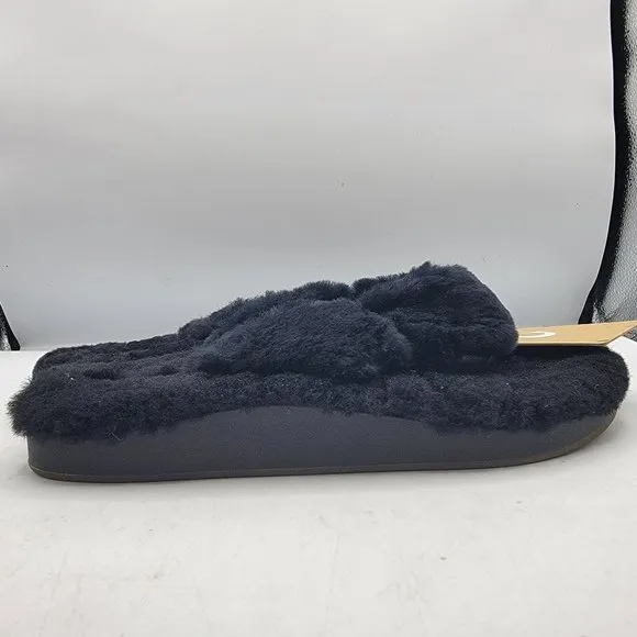 OluKai Kipe’A Heu Womens Size 8 Black Wool Shearling Slippers Fuzzy Thong Soft