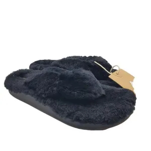 OluKai Kipe’A Heu Womens Size 8 Black Wool Shearling Slippers Fuzzy Thong Soft