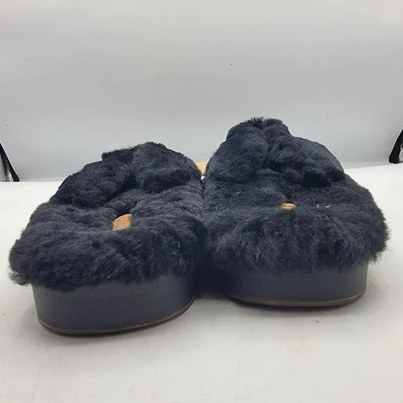 OluKai Kipe’A Heu Womens Size 8 Black Wool Shearling Slippers Fuzzy Thong Soft