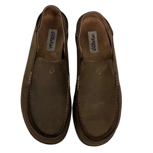 OluKai Moloa Brown Leather Slip On Shoes Mens Sz 10.5 Comfort Distressed Rustic