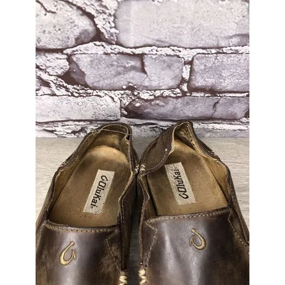 OluKai Moloa Brown Leather Casual Drop Heel Loafers Shoes Men Sz 10M US/43EU