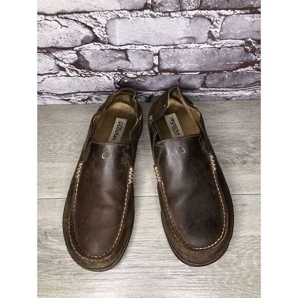 OluKai Moloa Brown Leather Casual Drop Heel Loafers Shoes Men Sz 10M US/43EU