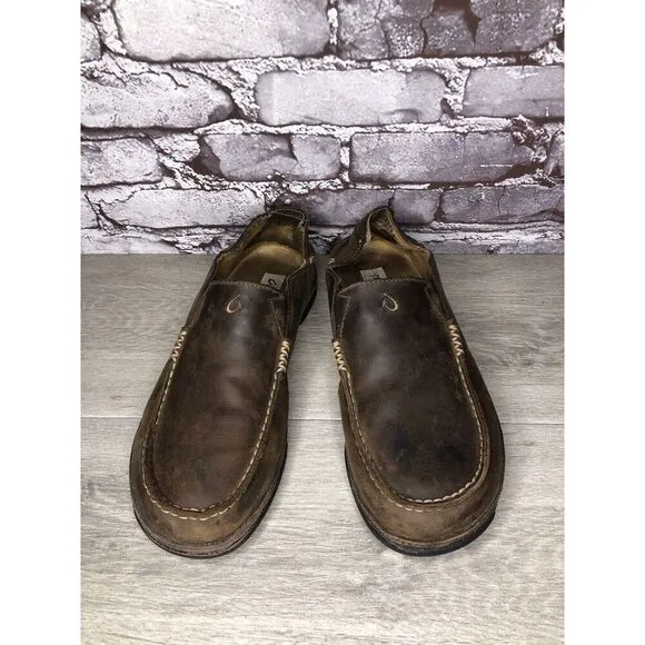 OluKai Moloa Brown Leather Casual Drop Heel Loafers Shoes Men Sz 10M US/43EU