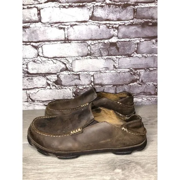 OluKai Moloa Brown Leather Casual Drop Heel Loafers Shoes Men Sz 10M US/43EU