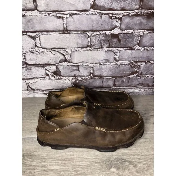 OluKai Moloa Brown Leather Casual Drop Heel Loafers Shoes Men Sz 10M US/43EU