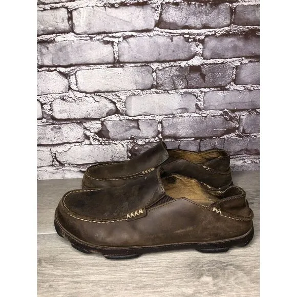 OluKai Moloa Brown Leather Casual Drop Heel Loafers Shoes Men Sz 10M US/43EU