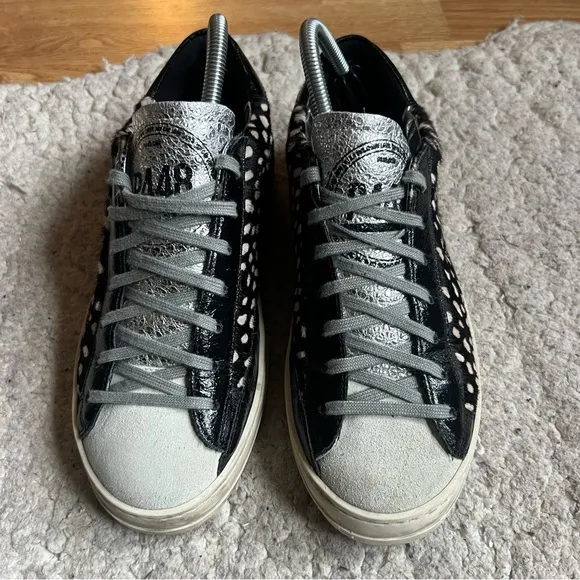 P448:John Spotted Black Cream &quot;Cowiena&quot; Calf Hair Leather Lace Up Sneakers Sz 39