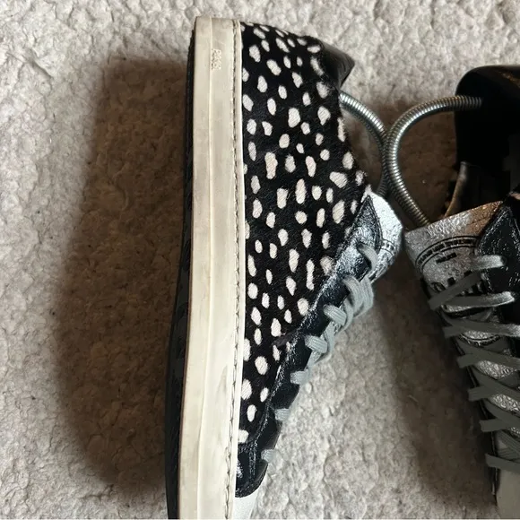 P448:John Spotted Black Cream &quot;Cowiena&quot; Calf Hair Leather Lace Up Sneakers Sz 39