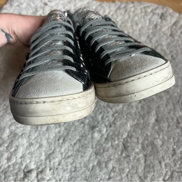 P448:John Spotted Black Cream &quot;Cowiena&quot; Calf Hair Leather Lace Up Sneakers Sz 39