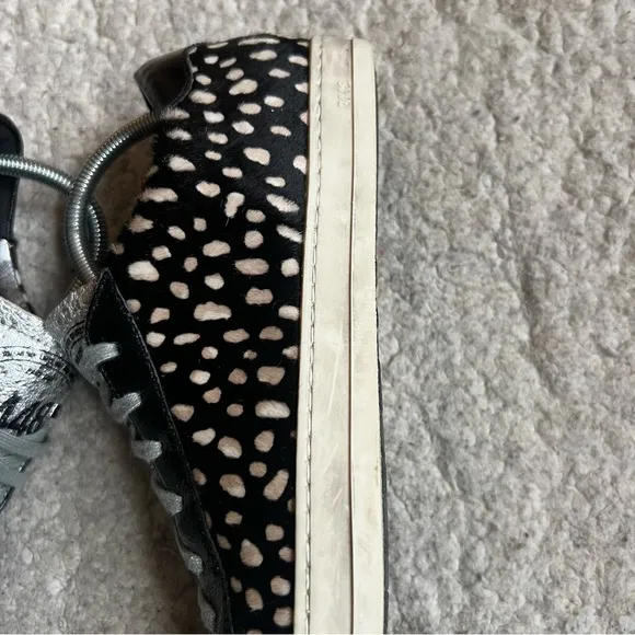 P448:John Spotted Black Cream &quot;Cowiena&quot; Calf Hair Leather Lace Up Sneakers Sz 39