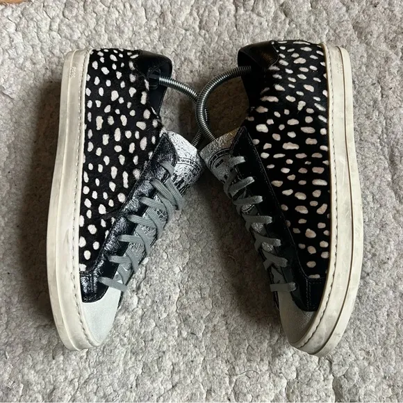 P448:John Spotted Black Cream &quot;Cowiena&quot; Calf Hair Leather Lace Up Sneakers Sz 39