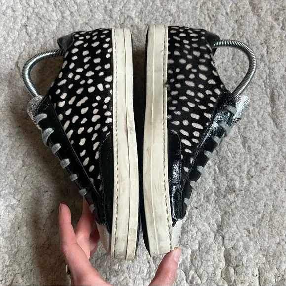 P448:John Spotted Black Cream &quot;Cowiena&quot; Calf Hair Leather Lace Up Sneakers Sz 39