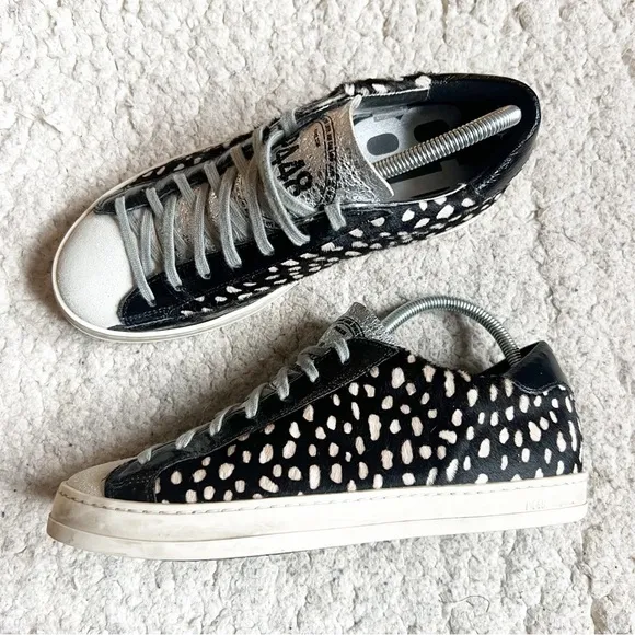 P448:John Spotted Black Cream &quot;Cowiena&quot; Calf Hair Leather Lace Up Sneakers Sz 39