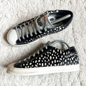 P448:John Spotted Black Cream &quot;Cowiena&quot; Calf Hair Leather Lace Up Sneakers Sz 39