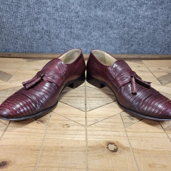 Palladio Teju Lizard Leather Tassle  Penny Loafers Mens 8.5 Burgundy Dress Shoes