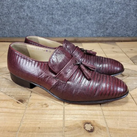 Palladio Teju Lizard Leather Tassle  Penny Loafers Mens 8.5 Burgundy Dress Shoes