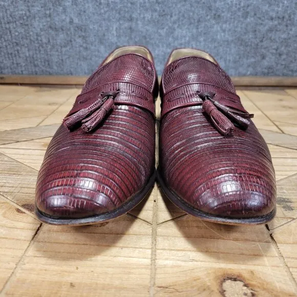 Palladio Teju Lizard Leather Tassle  Penny Loafers Mens 8.5 Burgundy Dress Shoes