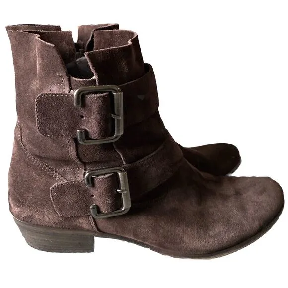 Paul Green Women size 5.5 Denver Suede Belted Biker Moto Boot Brown Ankle Bootie