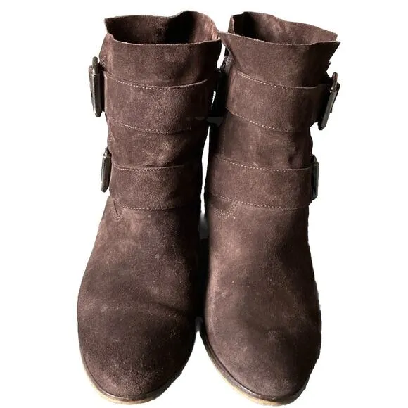 Paul Green Women size 5.5 Denver Suede Belted Biker Moto Boot Brown Ankle Bootie