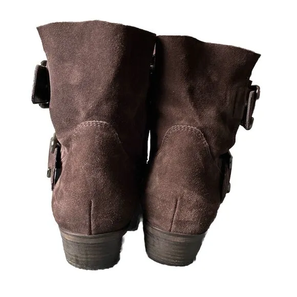 Paul Green Women size 5.5 Denver Suede Belted Biker Moto Boot Brown Ankle Bootie