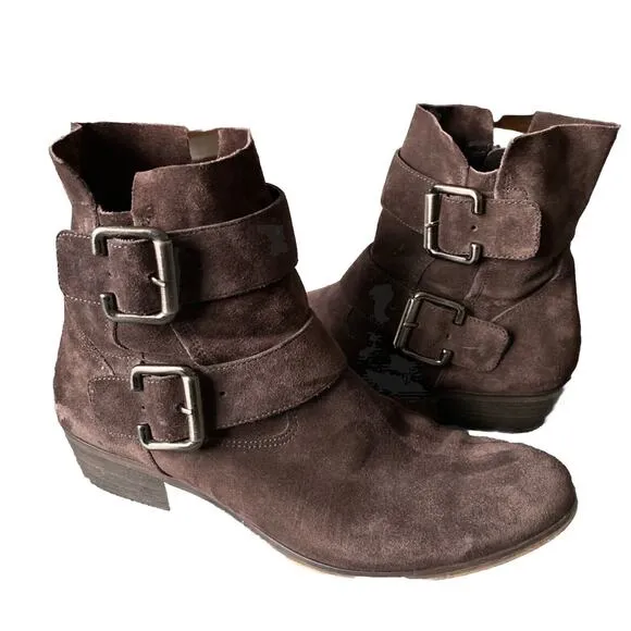 Paul Green Women size 5.5 Denver Suede Belted Biker Moto Boot Brown Ankle Bootie
