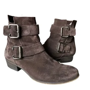 Paul Green Women size 5.5 Denver Suede Belted Biker Moto Boot Brown Ankle Bootie