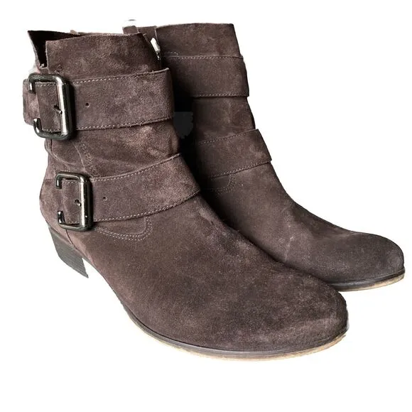 Paul Green Women size 5.5 Denver Suede Belted Biker Moto Boot Brown Ankle Bootie