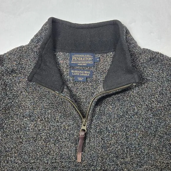 Pendleton Sweater Men Medium M Washable Shetland Wool Black Grey Quarter Zip