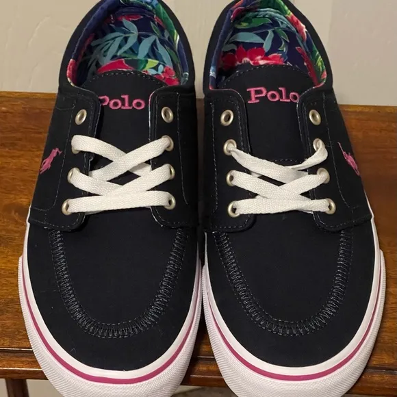 Polo Ralph Lauren Faxon X Low Canvas Shoes Navy Pink Floral Men’s Size 7.5 NEW