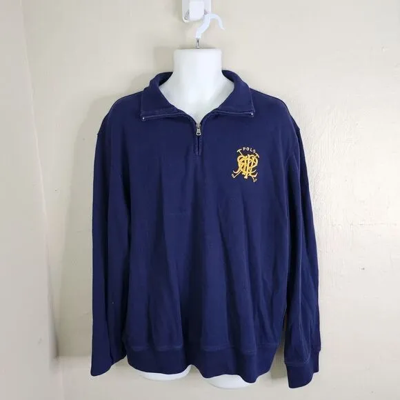 POLO Sweater Men XL Ralph Lauren PRL Gold logo French Navy Prep Pullover 1/4 Zip