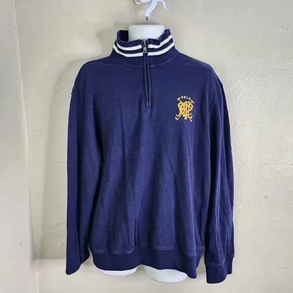 POLO Sweater Men XL Ralph Lauren PRL Gold logo French Navy Prep Pullover 1/4 Zip